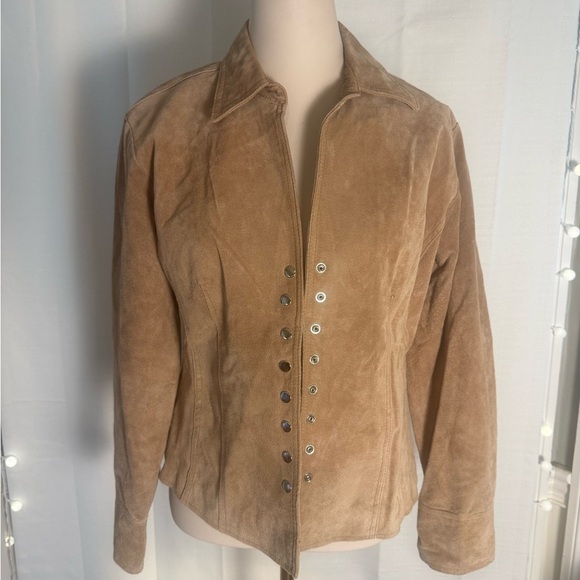 Vintage Y2K Coldwater Creek 100% Leather Jacket Tan Camel Snap Front Size M - Picture 2 of 8